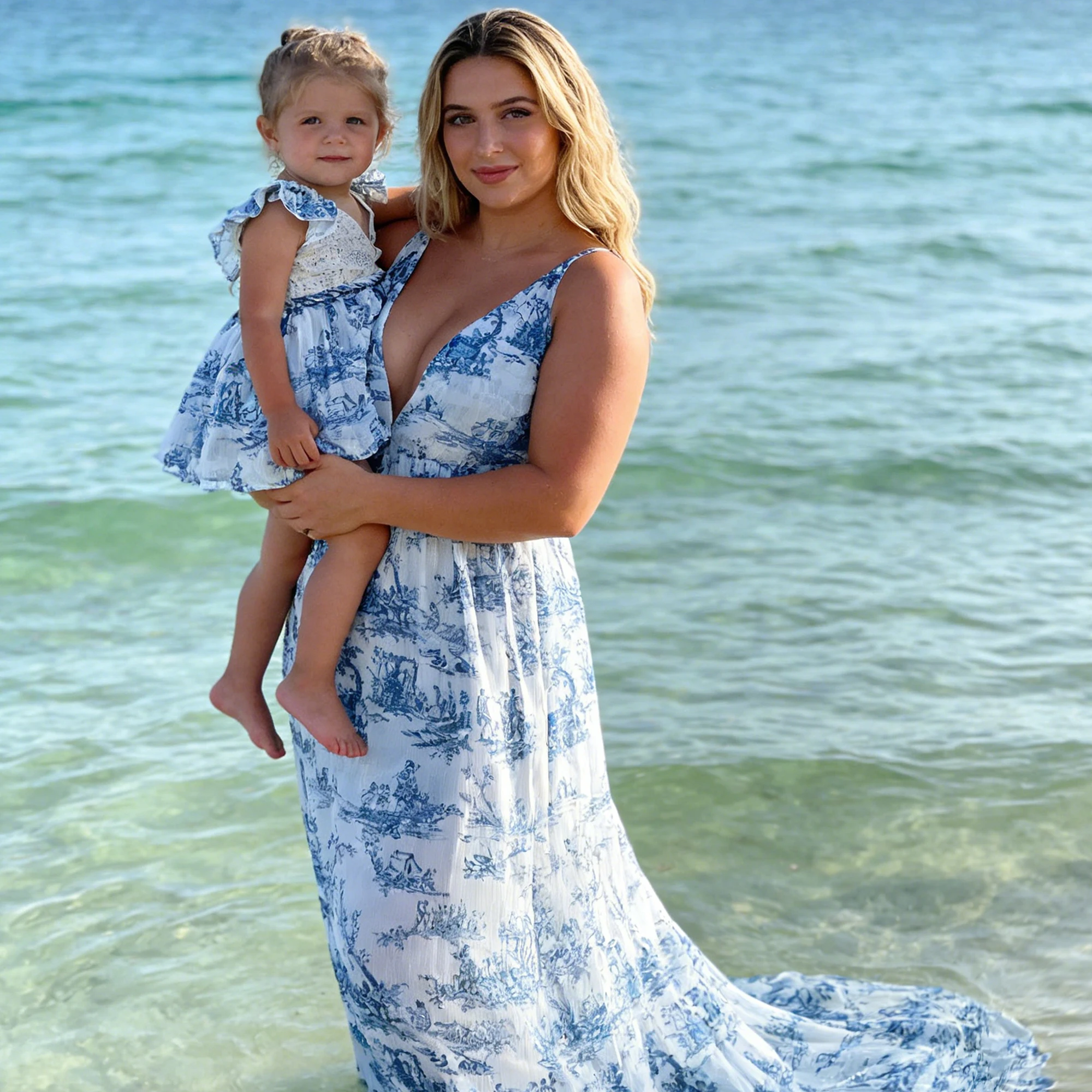 Don&Judy Blue Toile Print Chiffon Maxi Dress with Deep V-Neck and Kid Dress Set Gown Maternity and Baby Photoshoot Dresses