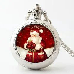 Merry Christmas Quartz Pocket Watch for Kids Children Happy New Year Gifts Santa Claus Man Clock Necklace Chain Pendant Watches