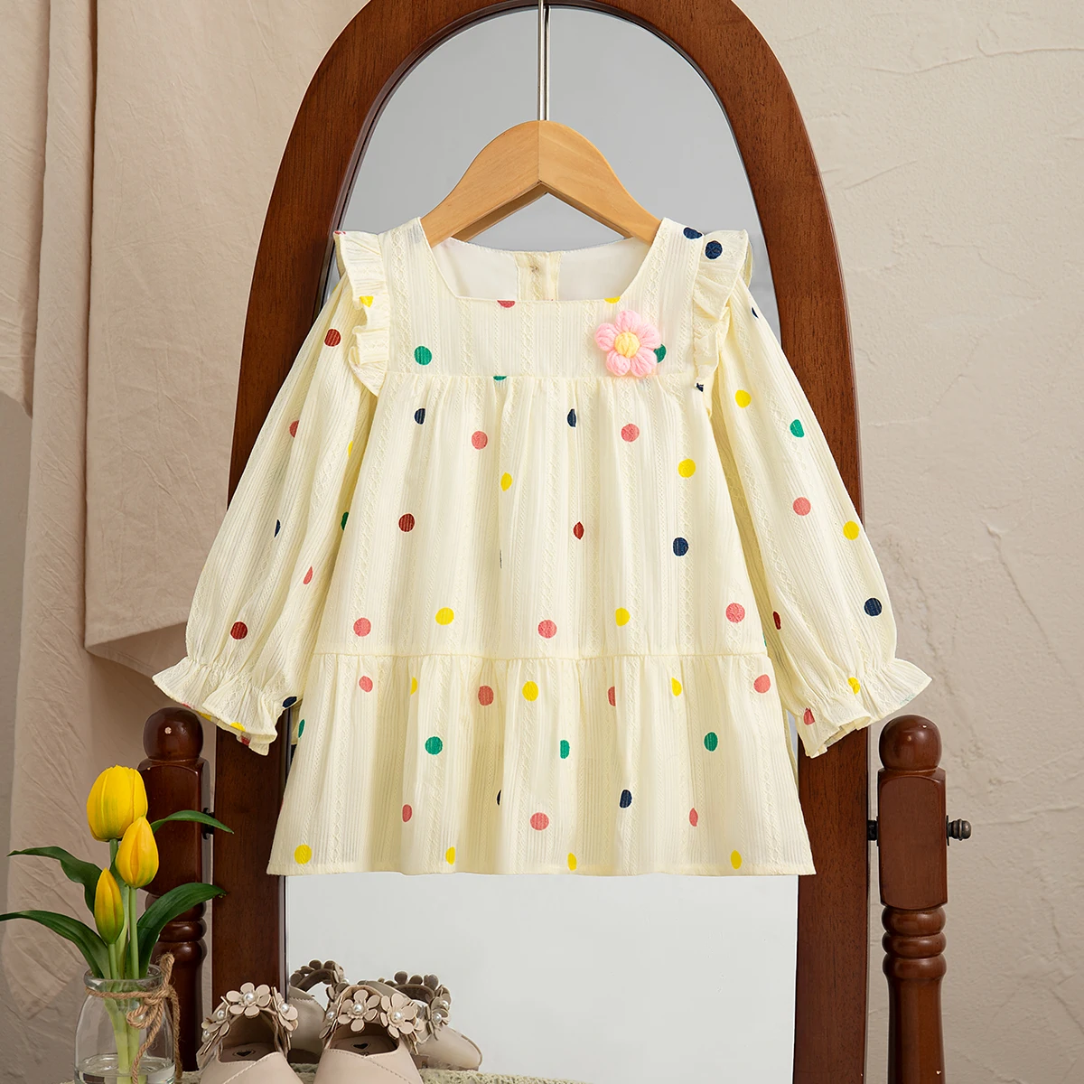 Baby Girl Clothes Spring New Wave Dot Printed Flower Decorative Long Sleeve Baby Girl Dress Sweet Casual Girl Dress