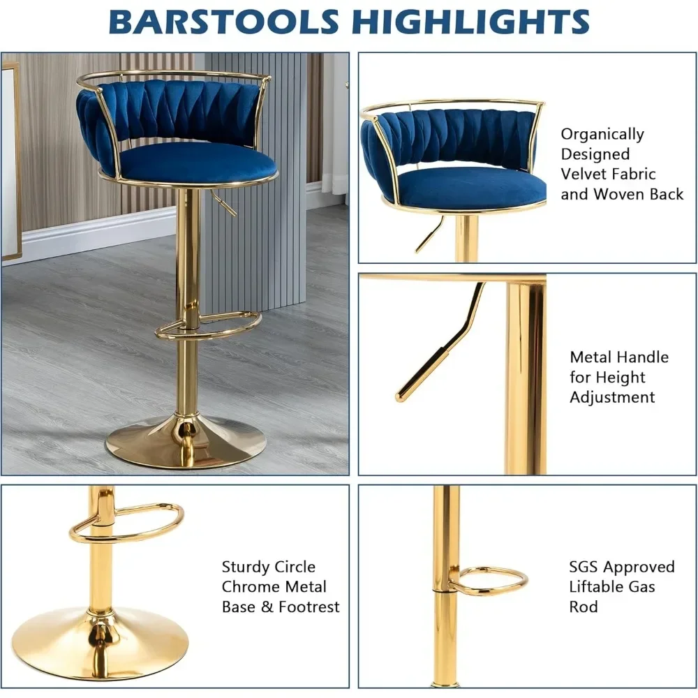 360 °   Taburetes de bar giratorios, silla de bar de terciopelo con altura de mostrador ajustable moderna, taburete de metal dorado