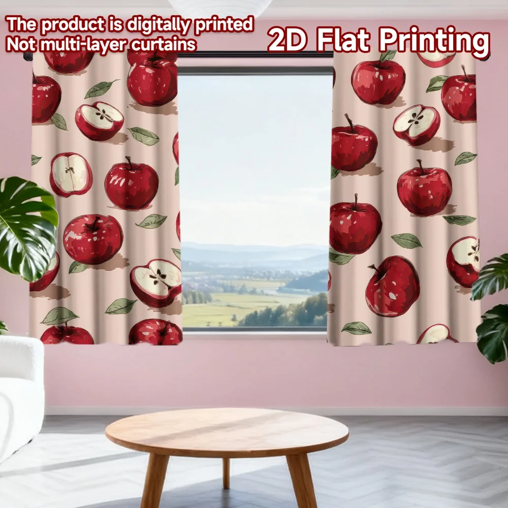

2D flat printing 2pcs Window Treatment Curtains Red Apples and Leaves Digital Printed Polyester Drapes Festive Wall Decor Use
