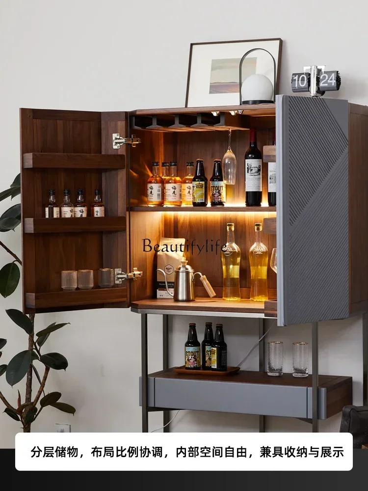 

56 Solid Wood Wall Iron Display Cabinet with Light Black Walnut Solid Wood Light Luxury Storage CabinetLX