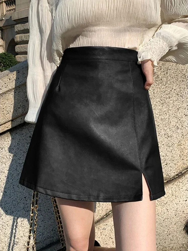 PU Skirts Women Classic Minimalist Pure Side-slit Design Retro All-match Mini Faldas Office Lady Slim Empire Korean Style Chic