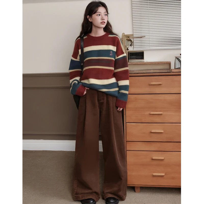 Retro Striped Color Blo Knitted Sweater And Wide Leg Pants Women's Faion Set Autumn 2025 Guest Camel Brand Two Piece Set