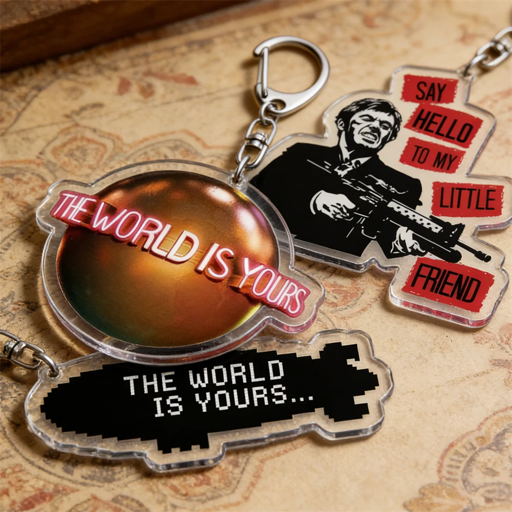 Popualr World Is Yours Keychains for Accessories Scarface Tony Montana Gangster Say Hello To My Life Keyring Fans Friends Gifts