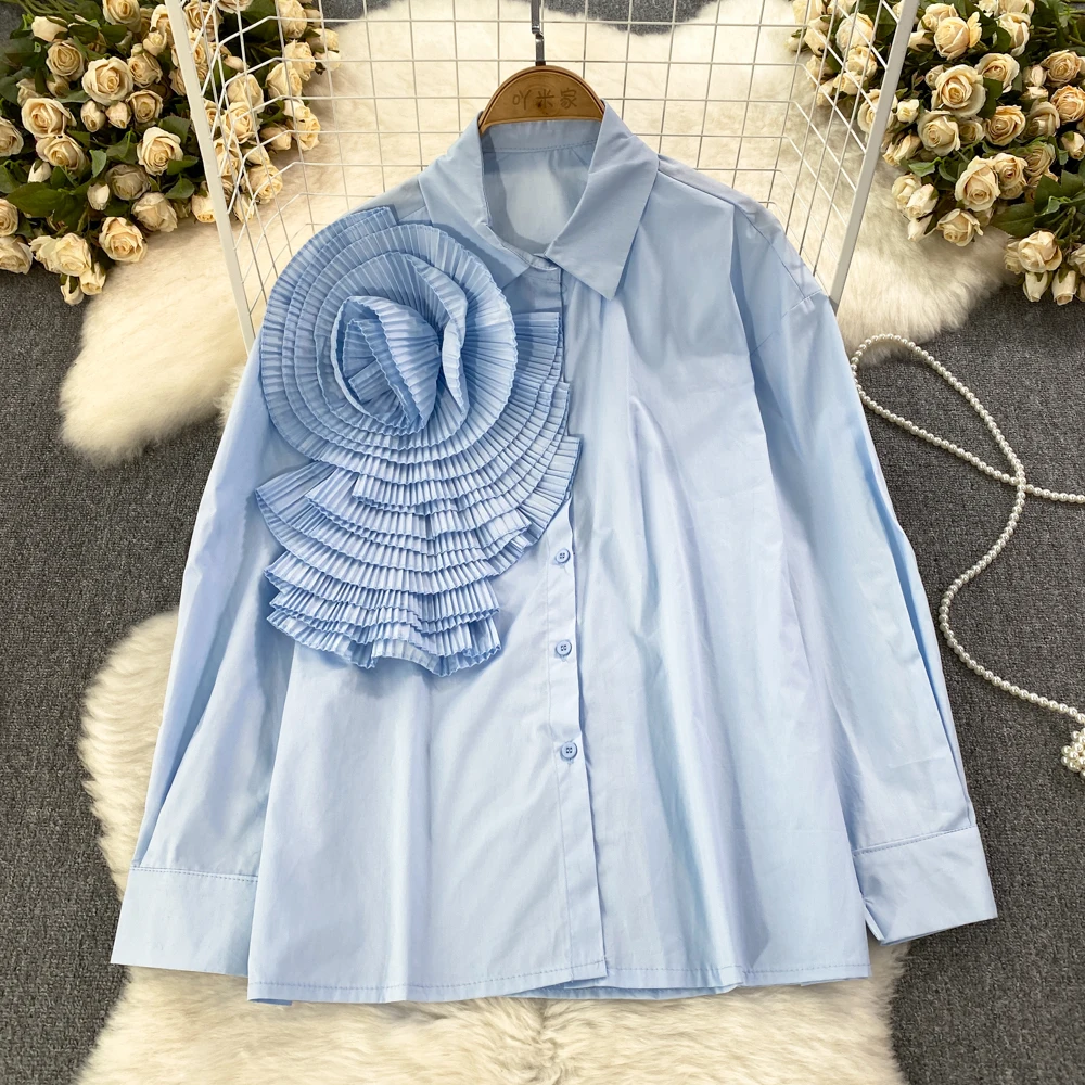 SuperAen Spring and Autumn Fashion Long Sleeves Sweet Pleated Wood Ear Panels Three-dimensional Flowers Loose Shirt Women