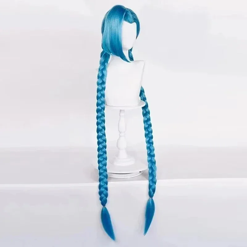 LOL Jinx شعر مستعار طويل مضفر باللون الأزرق مدفع adt مع جديلة زرقاء، شعر مستعار صناعي