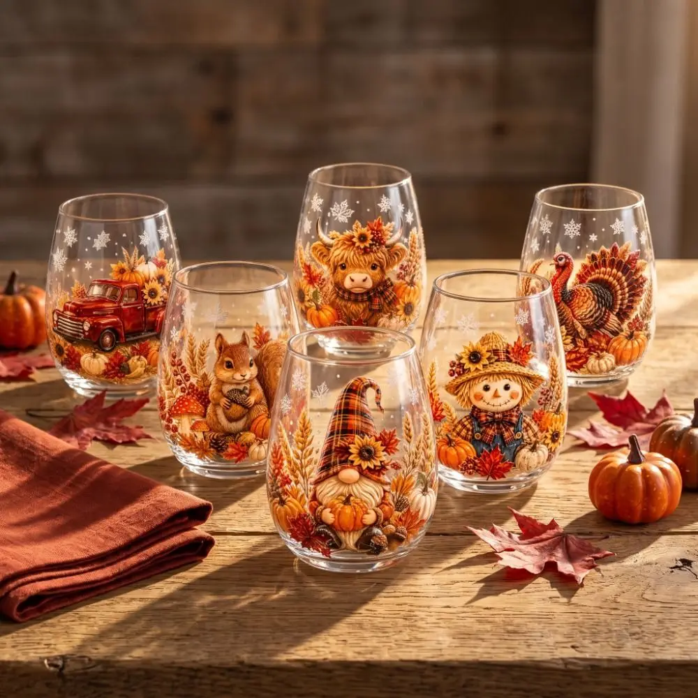2D Print Christmas Wine Glass Snowflake Elf Clear Stemless Glass Autumn Leaf Animal Christmas Art Cup Holiday Gifts