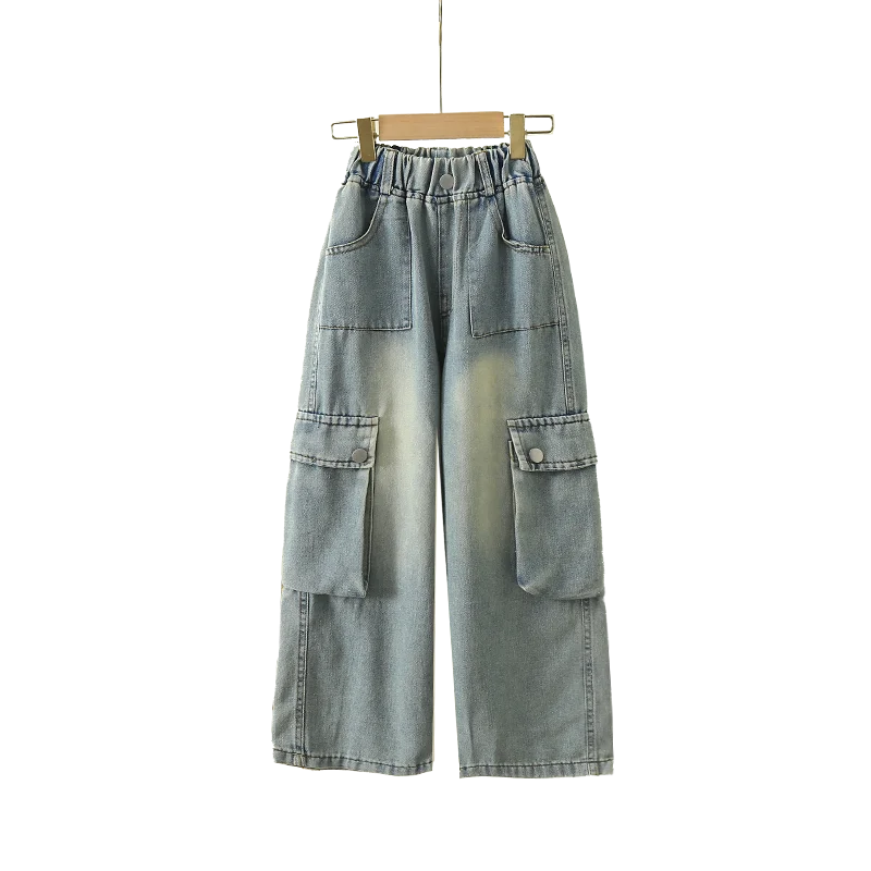 

Child Casual Loose Straight Cargo Jeans With Knee Pockets For Boys Girls Fashion Denim Pants Unisex Kids Elegant Jeans Trousers
