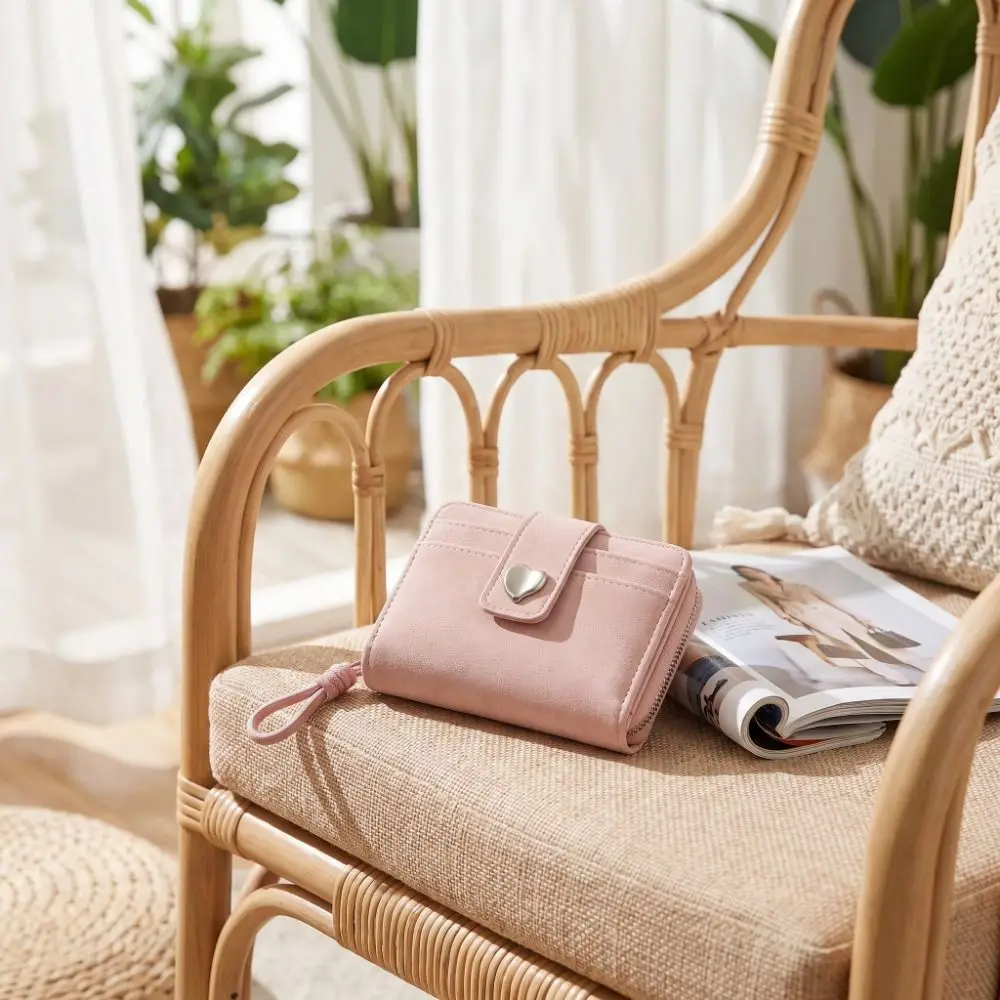 All-Match PU Leather Short Wallet Heart Buckle Multiple Card Slots Card Holder Soft Texture Compact Size Coin Purse Portable