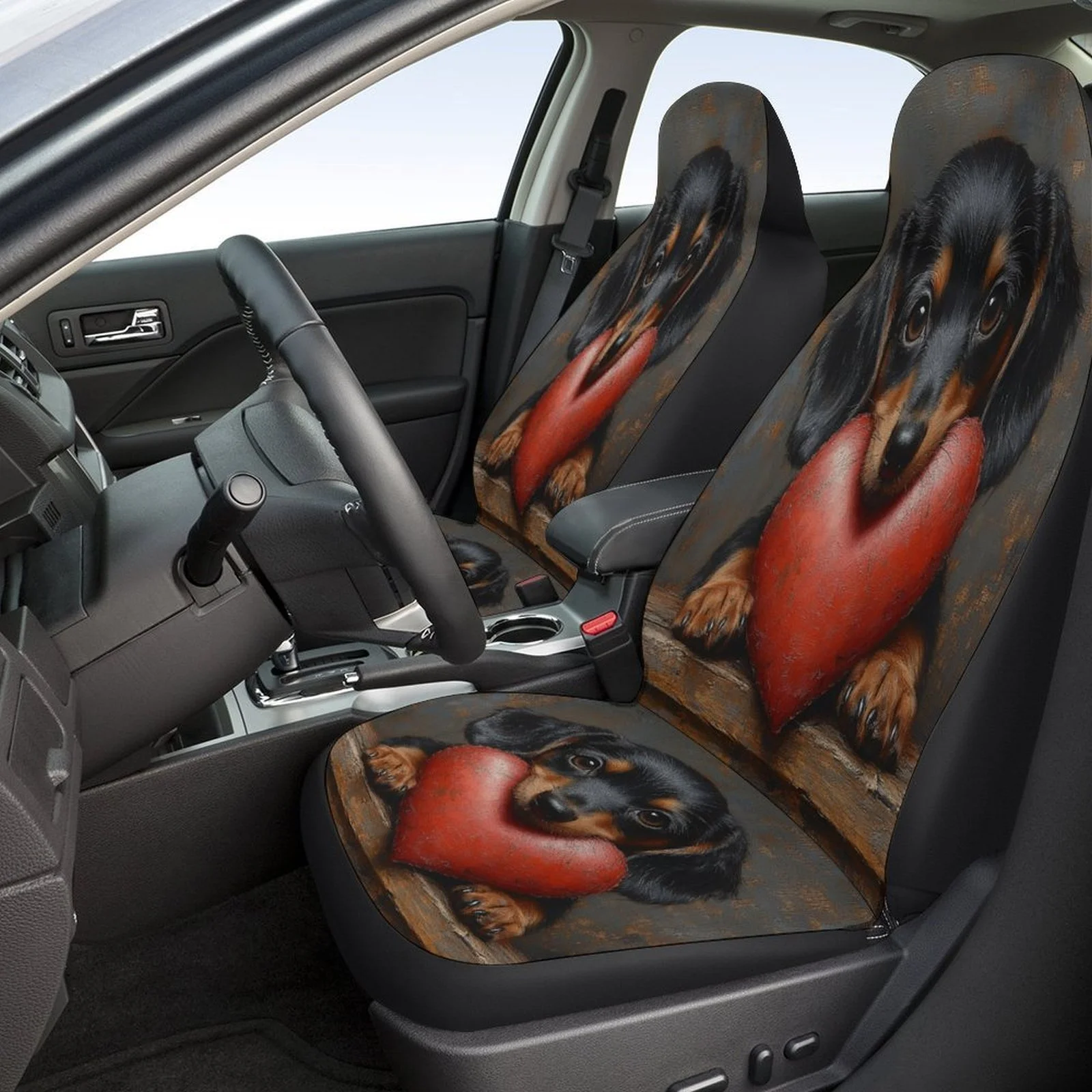 Puppy & Heart Design Car Seat Cover Set For Most Vehicles - Heavy-Duty For All-Season, Cute Puppy & Heart Patterns, Machine Wash