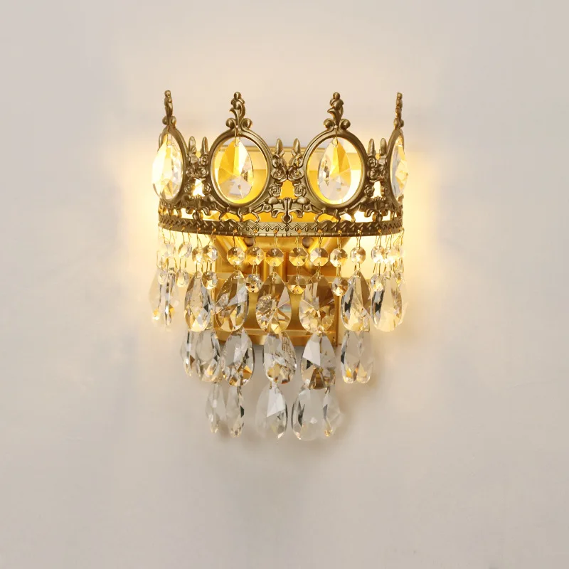 Bedside lamp crown wall lamp French European full copper living room bedroom background wall crystal creative aisle