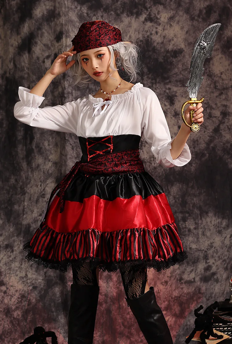 Costumes d'Halloween en Dentelle à Rayures Rouges pour Femme, Déguisement de Pirates, Carnaval, Boîte de Nuit, Robe de Navigateur, Tenue de Sauna