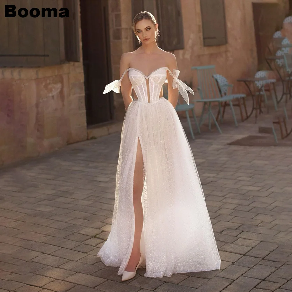 

Booma Sparkly Boho Wedding Dresses Sweetheart Shiny Bridal Dress Leg Slit Bride Party Gowns Off Shoulder Straps Prom Gown