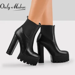 Onlymaker Women Platform Round Toe Black Matten Ankle Booties Thick High Heel Plus Size Handmade Winter Boots