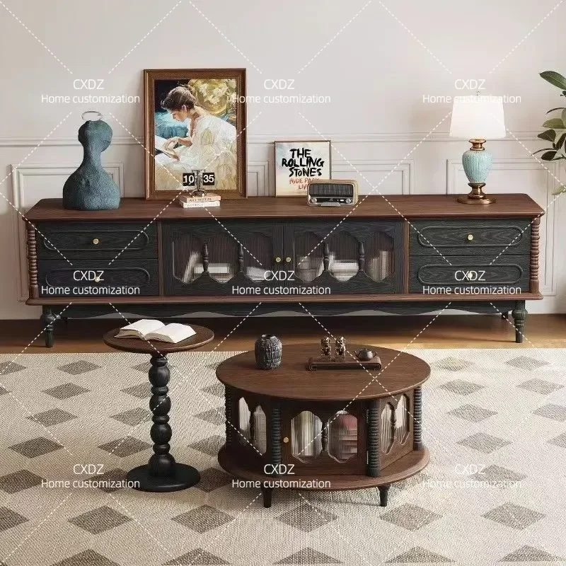 French retro solid wood TV cabinet medium and ancient style floor-to-ceiling strip combination American living room full set