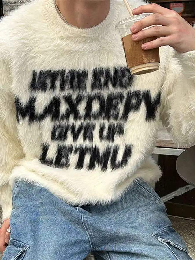 Cleanfit アメリカンスタイル ニットセーター レターパターン オールマッチ ソフトフェイクファー 秋冬 男性 女性 カジュアル 快適 通気性