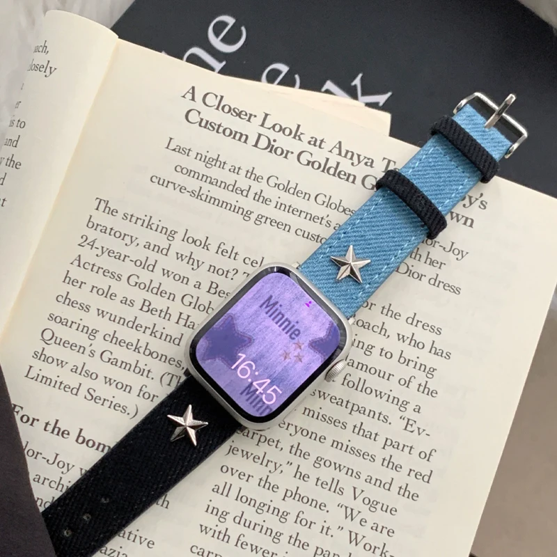 Корейский кожаный ремешок Y2k для Apple Watch, джинсовый браслет для девушек iWatch Series 9 8 7 6 5 SE 4 3, 41 мм 49 мм 45 мм 44 мм 40 мм