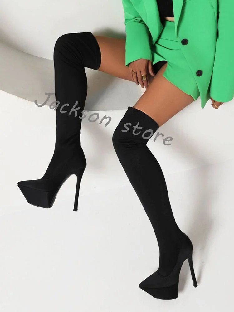 Women's Sexy Thigh High Boots Platform Thick Bottom Pointed Toe Stiletto High Heel Slip On Elastic Over The Knee Boots