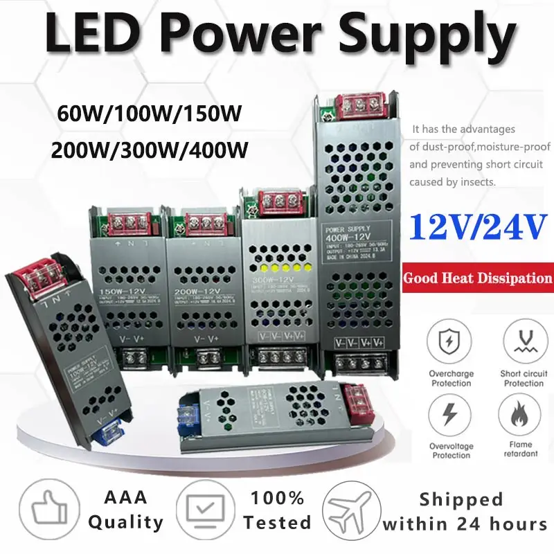 DC 12V 24V Ultra cienki zasilacz LED AC180-265V Wyciszone transformatory oświetleniowe 60W 100W 150W 200W 300W 400W Sterownik światła LED