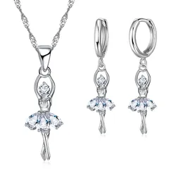 High-End Women Jewelry Sets Ballet Girls Figure Lady Usual 925 Sterling Silver Color Necklace And Hoop Earrings Accessory