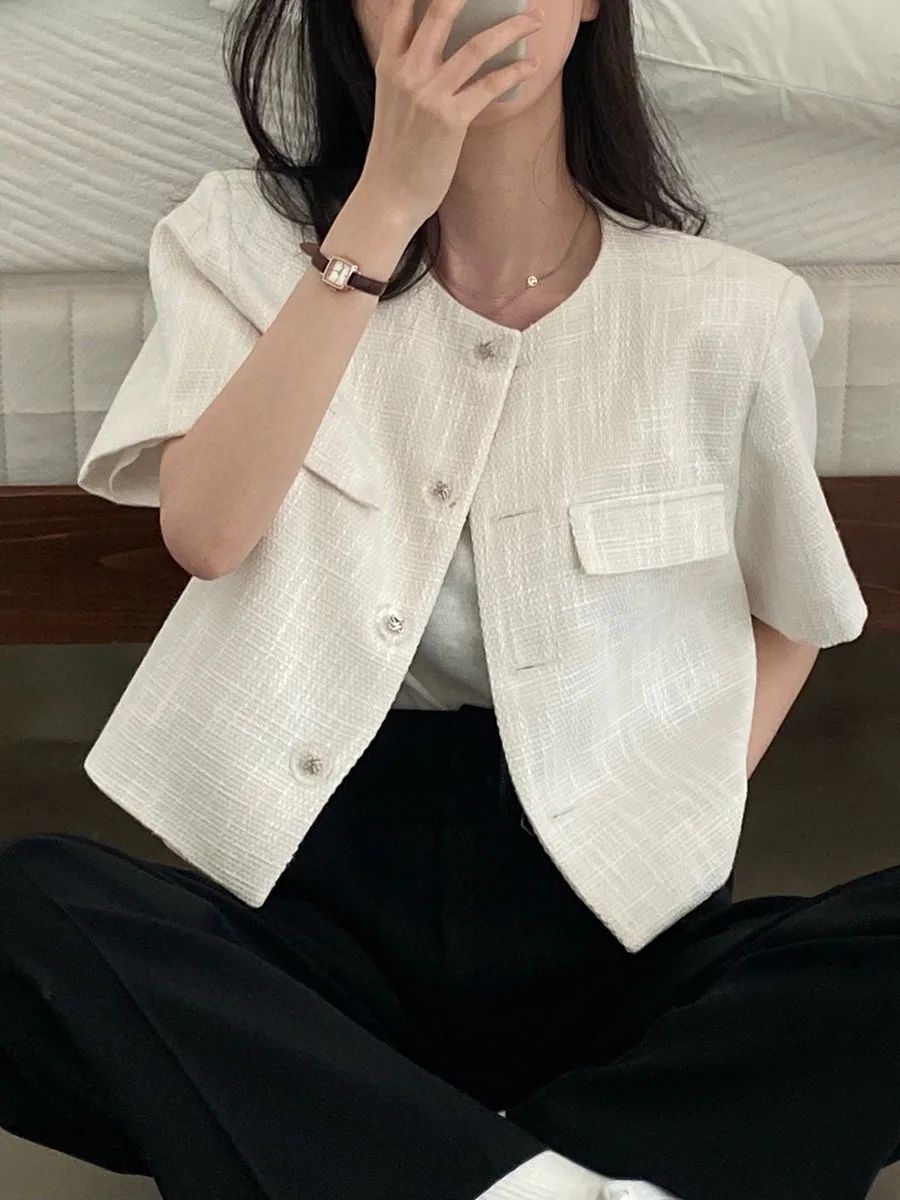 

Chic Summer Vintage ort Sve round Ne Loose Fit Thiened Outerwear Women's Commute Sle Button Detail Cotton Blend