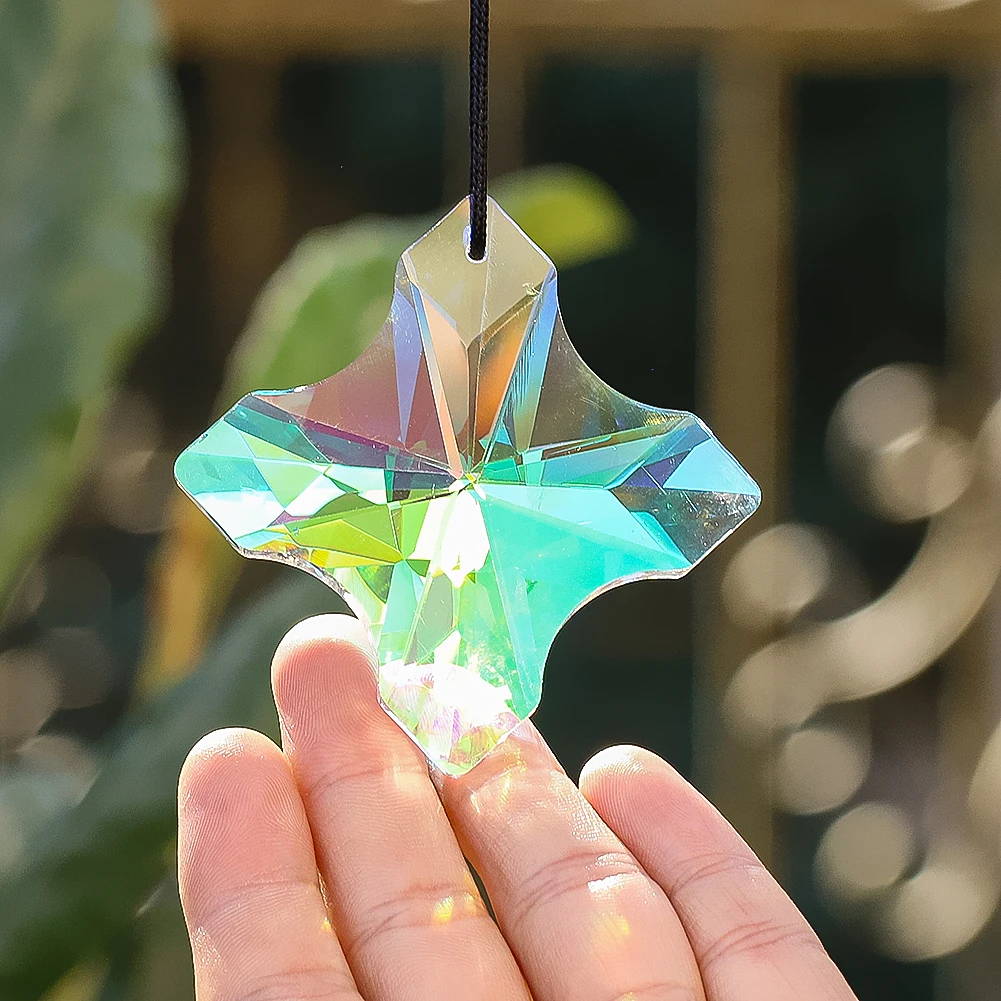 Cross Crystal Prism Suncatcher Hanging AB Coating Faceted Glass Rainbow Maker Chandelier Parts Car Pendant Home Garden Decor