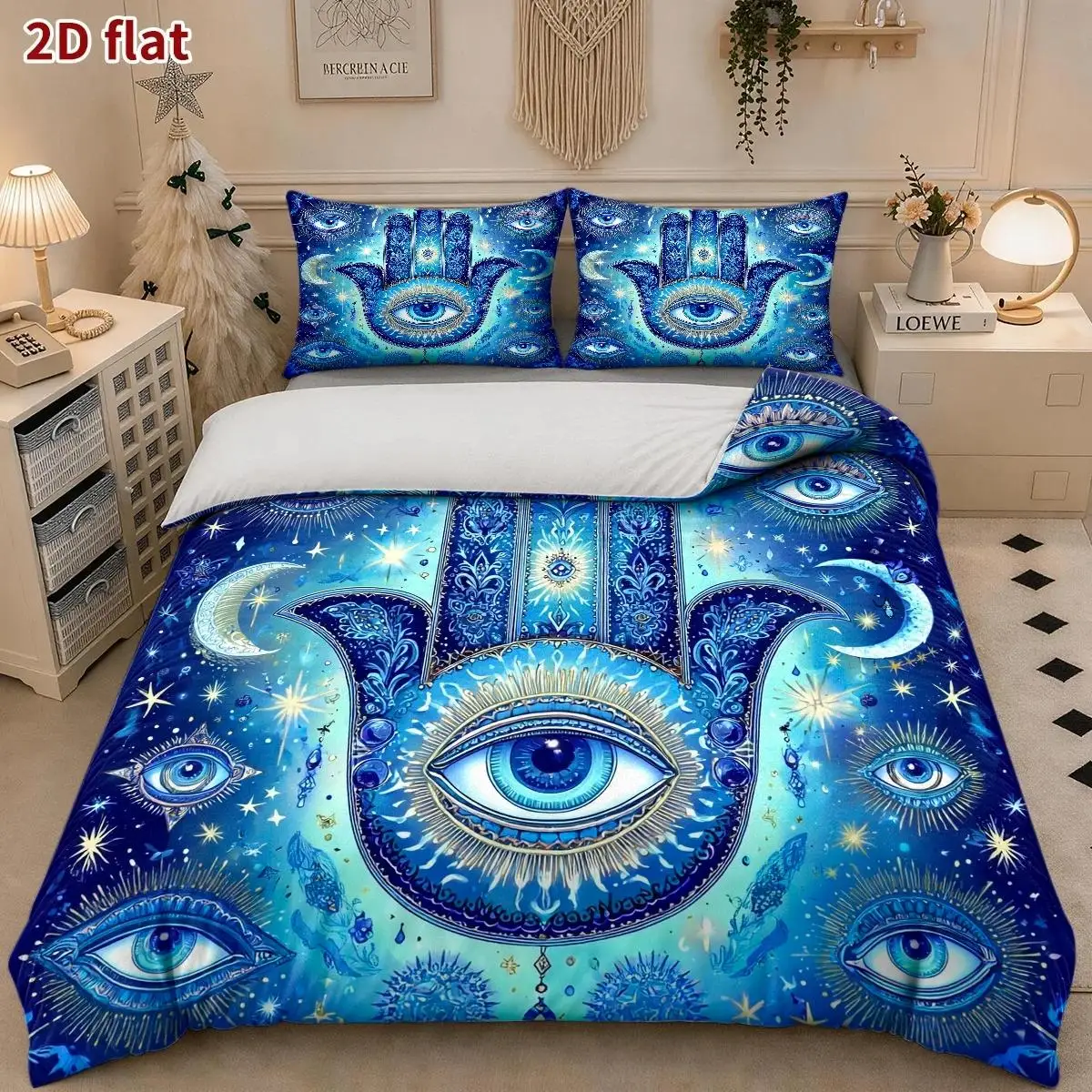 3-Piece Quilt Cover Set, 1 Quilt Cover + 2 Pillowcases (Without Filling), Mysterious Eye Handprint Design, Dreamy Blue Style, Spring, Home Three-Piece Set, Suitable for All Seasons, Machine Washable, Invisible Zipper, Bedroom Bedding, Dormitory Essentials