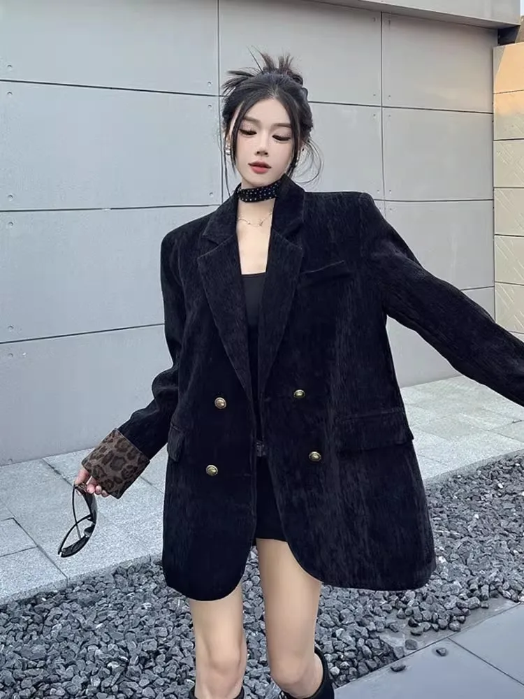 Vintage High-end Fashion Suit Jacket Women's Spring and Autumn Stitching Leopard Print Black Casual Shoulder Pad Suit Top Trendy