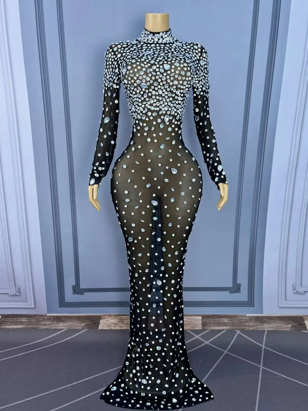 Dashuijing-vestido de noche elegante de gama alta para mujer, vestido de malla con perspectiva Sexy plateada y diamantes, vestido de cóctel para banquete de cumpleaños