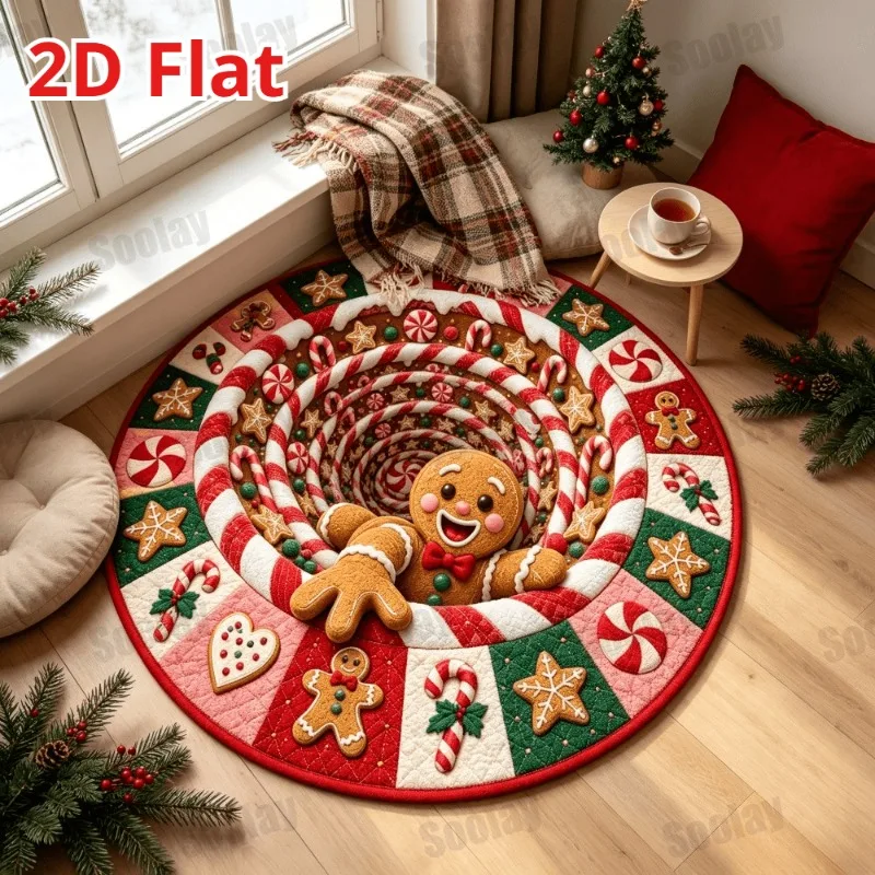 Soft Circle Rug Christmas Bauble Pattern Carpet Flannel Warm Fluffy Cozy Pine Needle Bowknot Hearth Fireplace Cushion