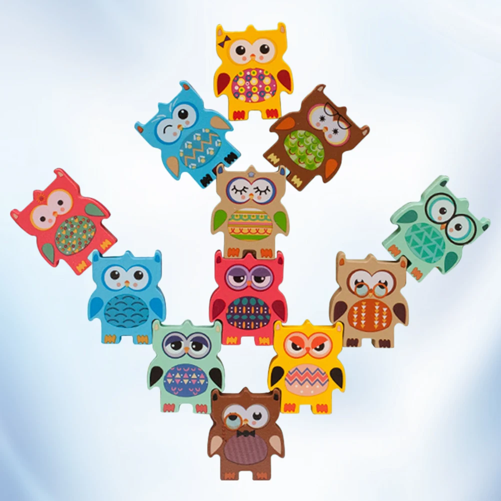 ชุดของเล่นไม้ทรงตัวรูปนกฮูก 12 ชิ้น/ชุด บล็อกไม้สนุกๆ ตัวต่อไม้เสริมพัฒนาการสำหรับเด็ก