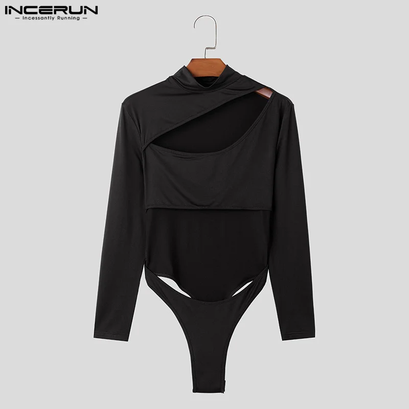 INCERUN-Bodysuits masculinos de manga comprida, macacão monocromático, Homewear sexy, design elegante de cruz oca, casual e confortável, S-3XL, 2022