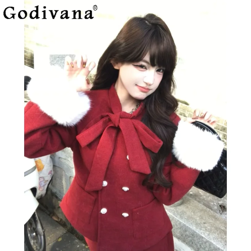 

Winter New Year Red Princess Style Slimming Set Japanese Bowknot Elegant Sweet Cute Lady Warm Woolen Coat