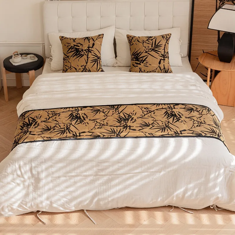 Aesthetic Oriental Bamboo Bed Runner Jacquard Bed Scarf Cover Minimalist Zen Style Bed End Towel Textured for Bedroom Decor