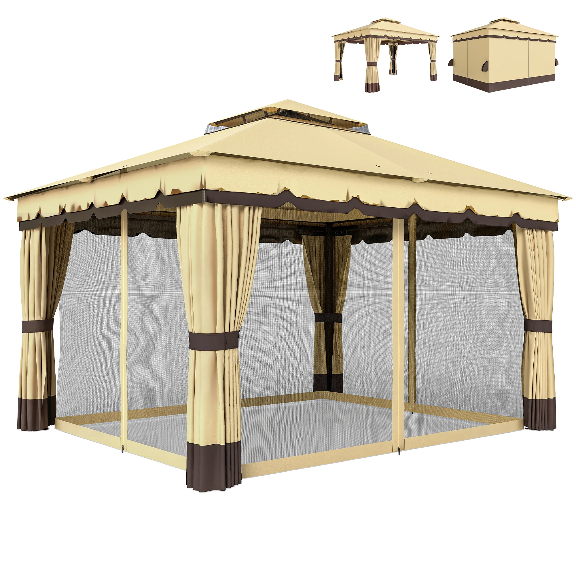 Outsunny Cenador de Jardín 3,7x3 m con Doble Techo 4 Cortinas y Mosquitera Beige