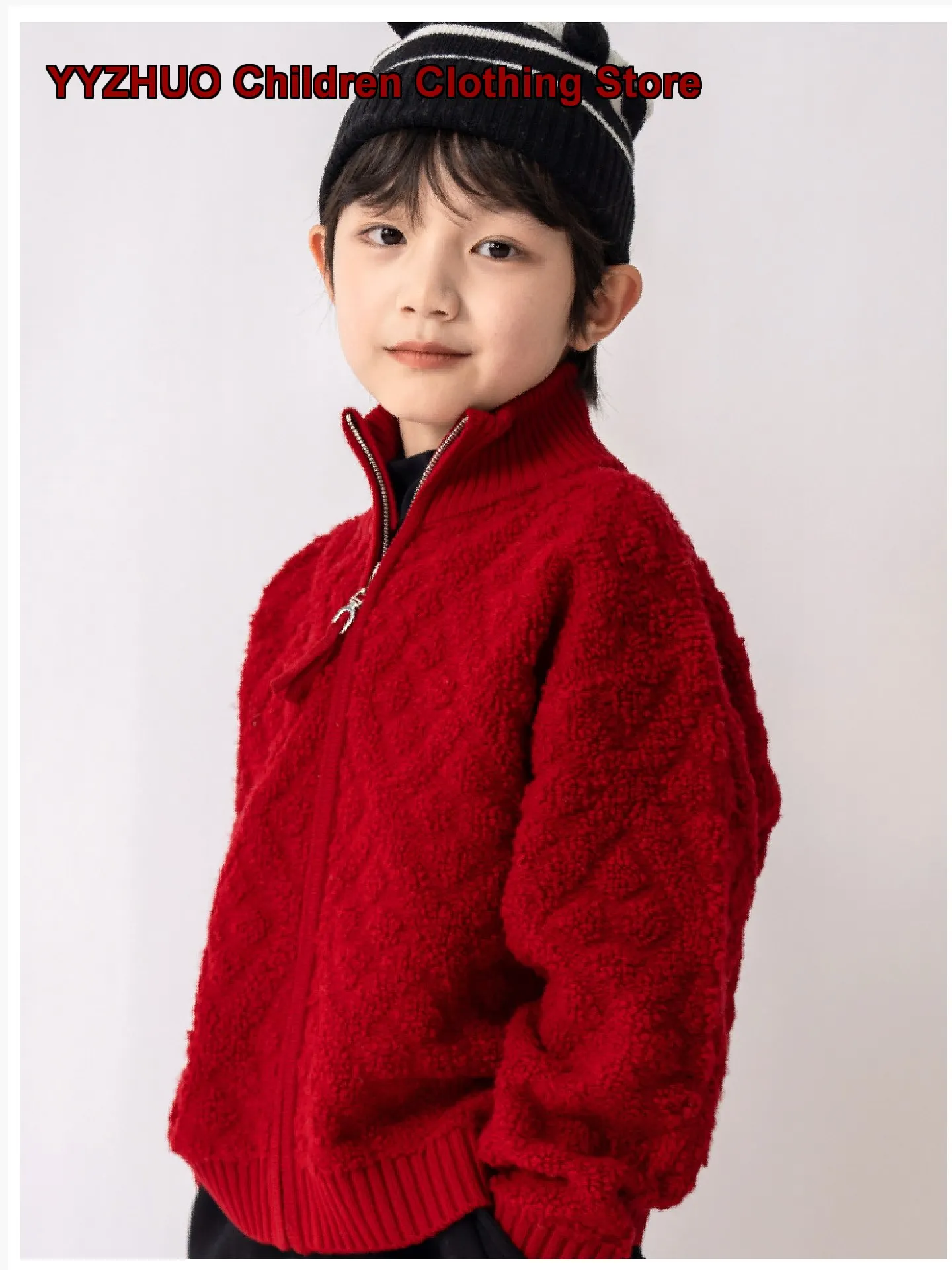 Boys Zip-Up Jacket with Red Embroidery New Year Spring Festival Wear for Children Kids