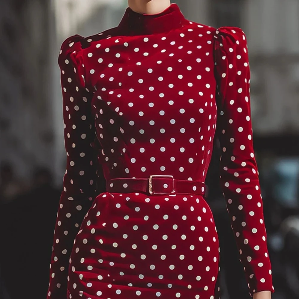

Customized High Collar Long Sleeve Formal Evening Dress Polka Dot Straight Knee Length Prom Gown with Adjustable Sash Midi Dress
