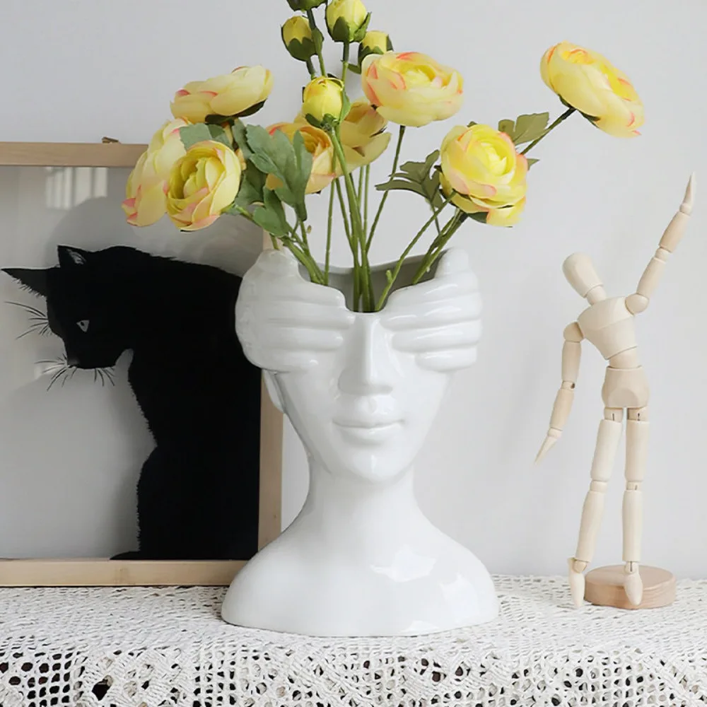 Abstract Female Head Ceramic Vase Hands Cover Eyes Human Face Sculpture Flower Vase Modern Art Bust Statue Home Desktop Decor