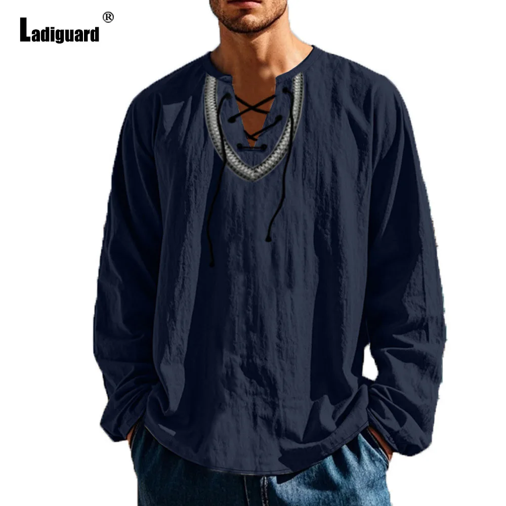 Plus Size 3xl Mens Casual Linen Shirts Clothing 2024 New Boho Lace-up Shirt Blouse Men Long Sleeves Vintage Basic Tops Pullovers