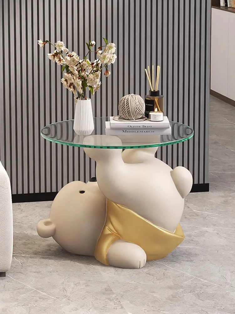 Home Decor Bear Statues Round Glass Side Table Nordic Living Room Creative Animal Sculpture Coffee Tables Bedroom Bedside Tables