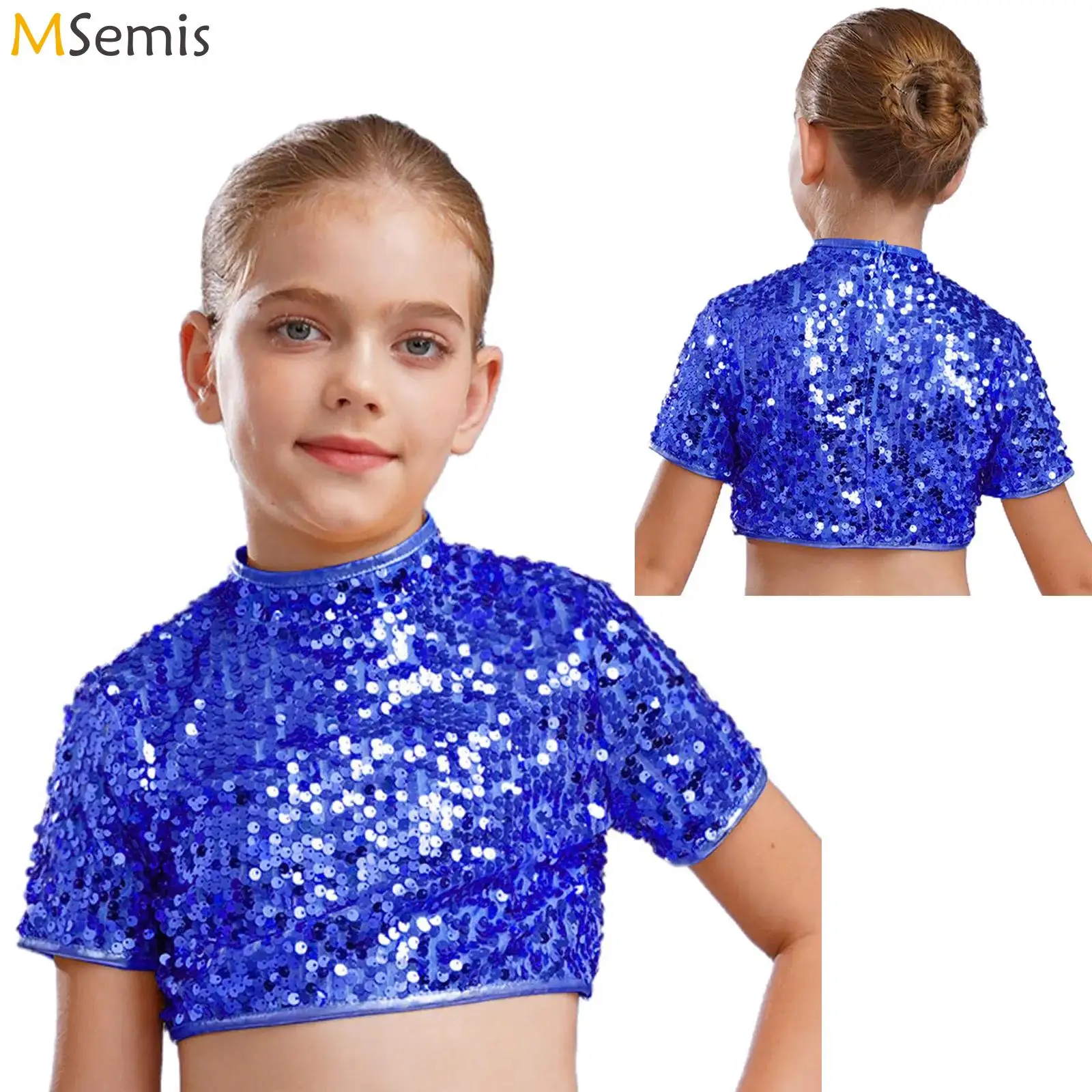 

Kid Girl Sequins Crop Tops Ballet Jazz Hip Hop Dance T-shirt Cropped Top Costume Short Sleeve Cheer Dancewear Stage Performance