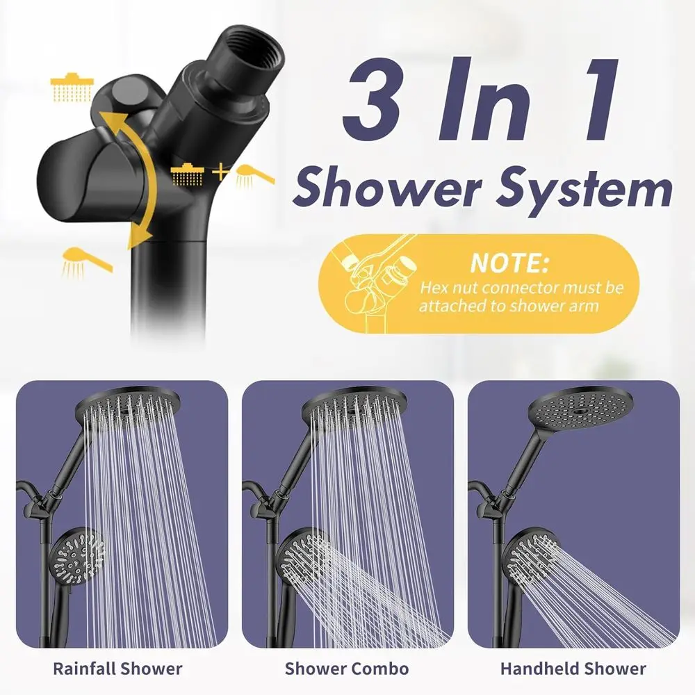 Dual Shower Heads with Handheld Spray, 7.5 Rainfall and 9 Fixed Head, Matte Black Finish