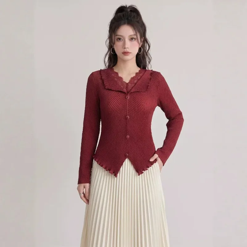 Women's Pleated 2026 Autumn New Original Casual Solid Color Slim Fit Pleated Irregular Ruffled Hem Split Hem Women's Top Pleat