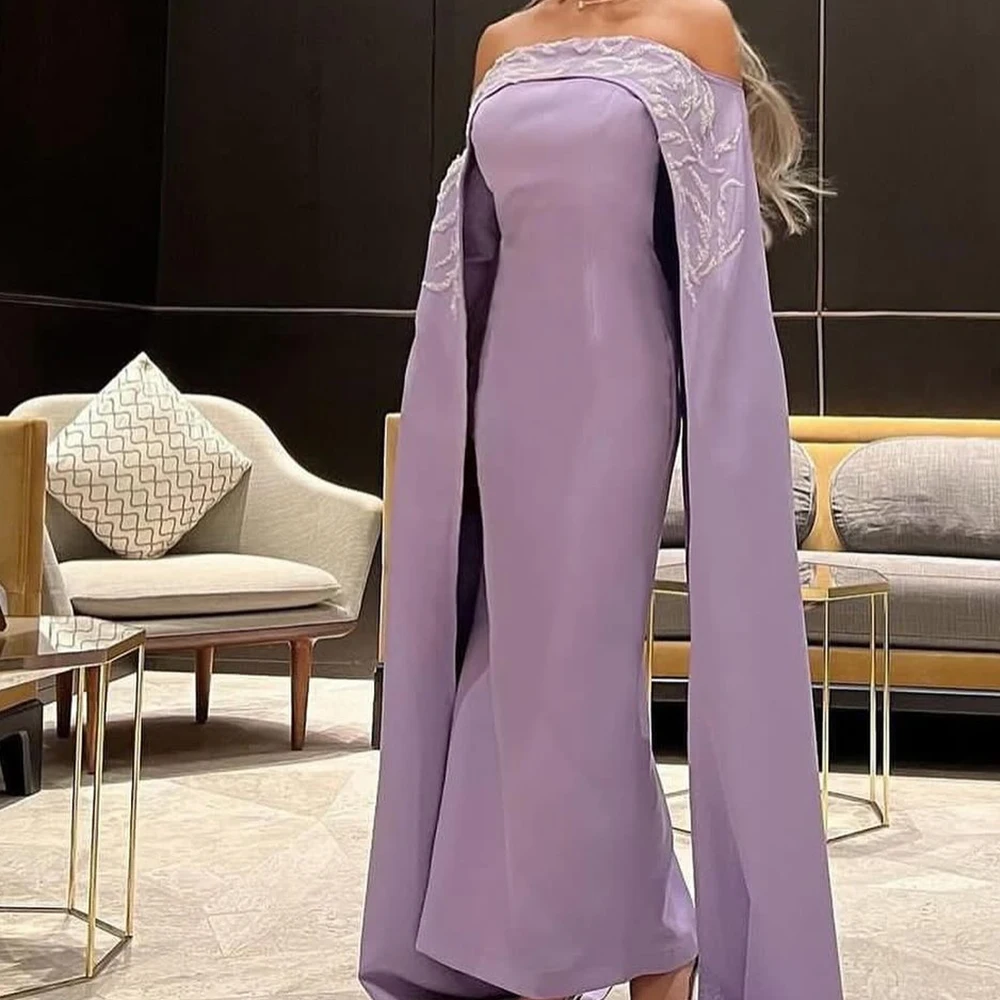 Customized Fashion Crystal Satin Purple Off the Shoulder Evening Dress Delicate Strapless Straight Long Sleeves Celebrity Gowns