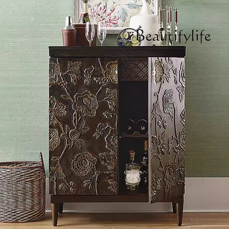 

American retro double door solid wood carving flower entrance cabinet French neoclassical home storage wine cabinet