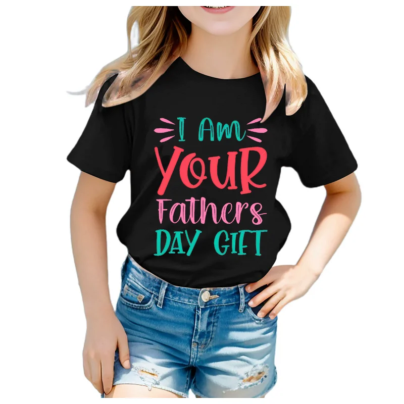 

A Short-sleeved Casual Round-neck T-shirt with An INS Father's Day Theme Pattern Print for Girls Kids Clothes