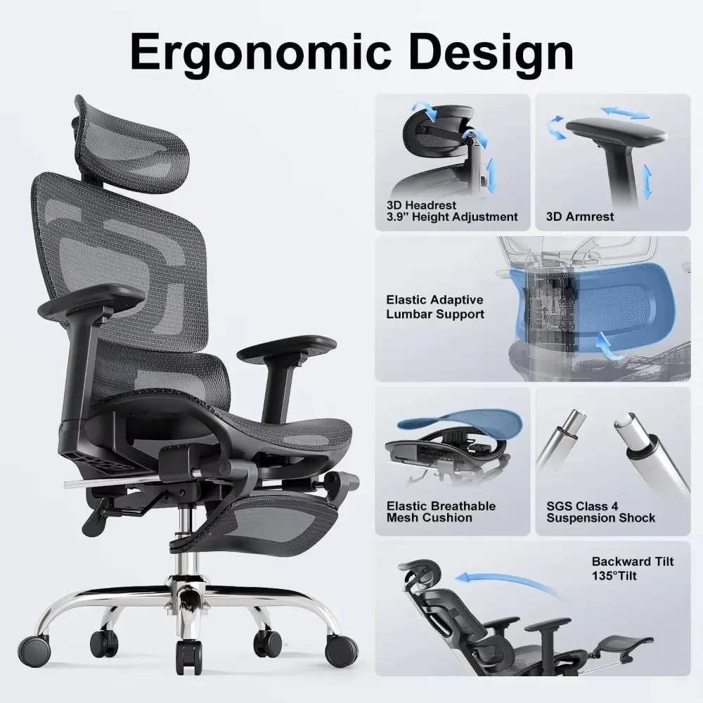 Office chair, ergonomic, adaptive lumbar support, 3D headrest and armrests and retractable footrests, mesh breathable chair