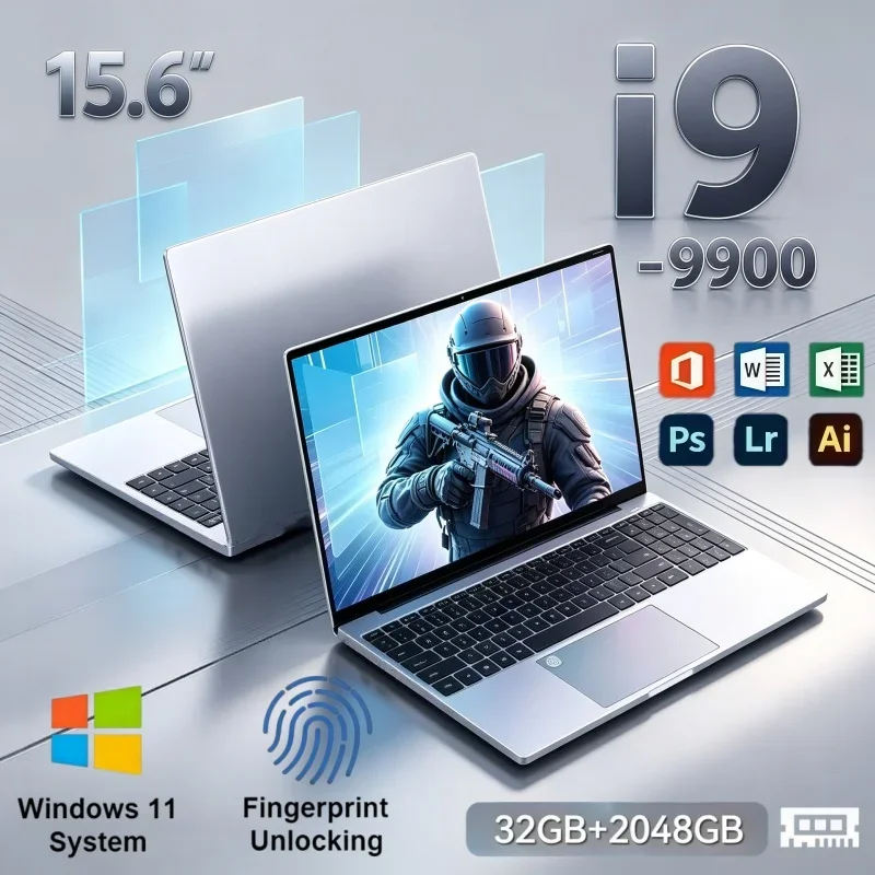 15.6 Inch Ultra Slim Laptop Intel I9 9900 32GB RAM 2TB SSD Windows11 Fingerprint Unlock Portable For Daily Work Gaming Home Use