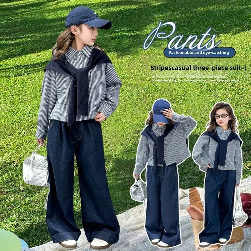 

Girl's suit autumn 2025 new big children's foreign shawl shirt children's wide-legged jeans tide 120-170cm